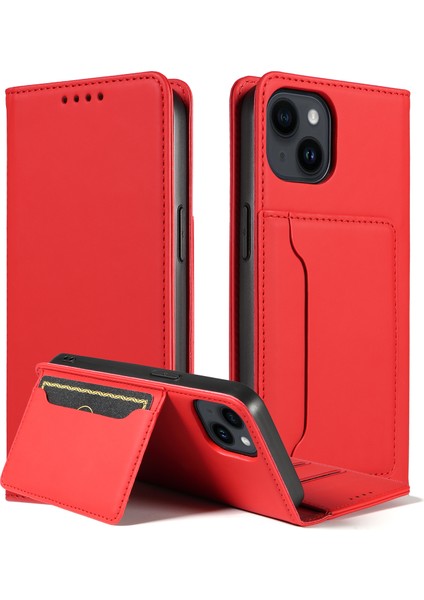 Iphone 14 Telefon Kasası Iş Tarzı Pu Deri Cilt Dokunma Manyetik Cep Telefonu Kapağı Stant Cüzdan-Kırmızı (Yurt Dışından)