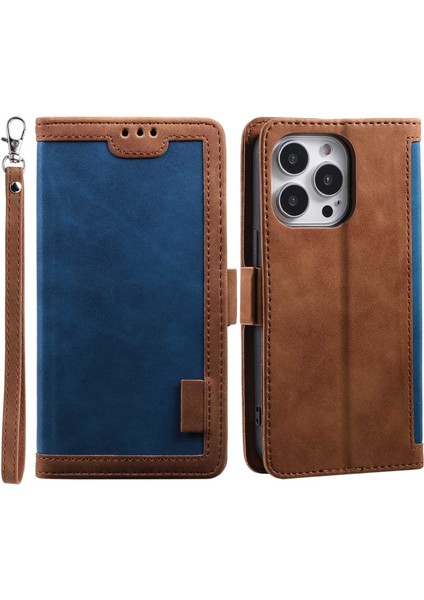 Iphone 14 Pro Telefon Kılıfı 6.1 Inç Anti-Drop Retro Telefon Flip Kapak Standı Skin-Touch Renk Ekleme Pu Deri Cüzdan Kılıfı Kullanışlı Kayış Mavisi (Yurt Dışından)