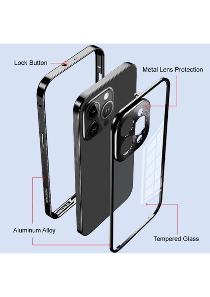 Iphone 14 Pro Telefon Kılıfı Için Güvenlik Kilidi Alüminyum Alaşım Çerçevesi+Temperli Cam Çift Taraflı Koruma Kapak Black (Yurt Dışından)