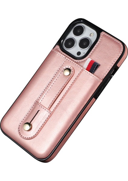 Iphone 14 Pro Telefon Kılıfı Için 6.1 Inç Tehlike Karşıtı Telefon Kabuk Yuvası Kickstand El Kavrama Kayışı Tasarımı Hassas Kesim Pu Deri+Tpu Kasa Rose Gold (Yurt Dışından)