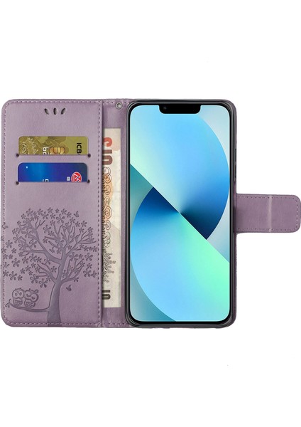 Iphone 14 Pro Telefon Kılıfı Için 6.1 Inç Anti-Güz Pu Deri Kabuk Baskılı Baykuş Ağacı Desen Cüzdan Stand Özellik Kabuğu Bilek Kayış-Mor ile (Yurt Dışından) modelleri