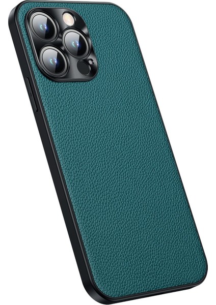 Iphone 14 Pro Fone Case Için Cowhide Deri+Tpu Fall Anti-Fall Koruyucu Kılıf Litchi Doku Şok Geçirmez Kapak Metal Kamera Çerçeve-Cenman (Yurt Dışından)