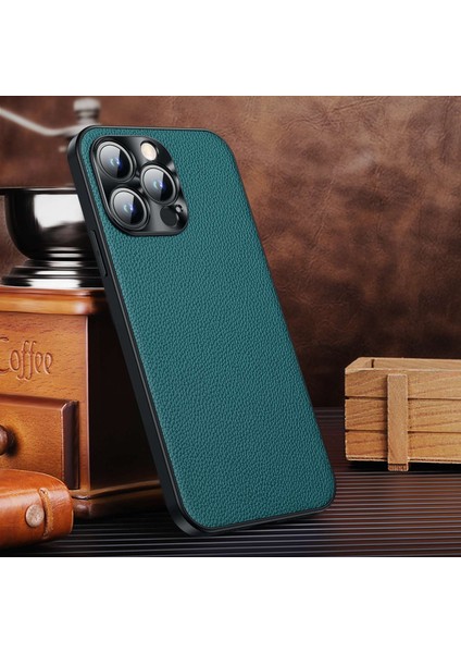 Iphone 14 Pro Fone Case Için Cowhide Deri+Tpu Fall Anti-Fall Koruyucu Kılıf Litchi Doku Şok Geçirmez Kapak Metal Kamera Çerçeve-Cenman (Yurt Dışından)