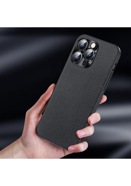 Iphone 14 Pro Fone Case Için Cowhide Deri+Tpu Fall Anti-Fall Koruyucu Kılıf Litchi Doku Şok Geçirmez Kapak Metal Kamera Çerçeve-Cenman (Yurt Dışından)