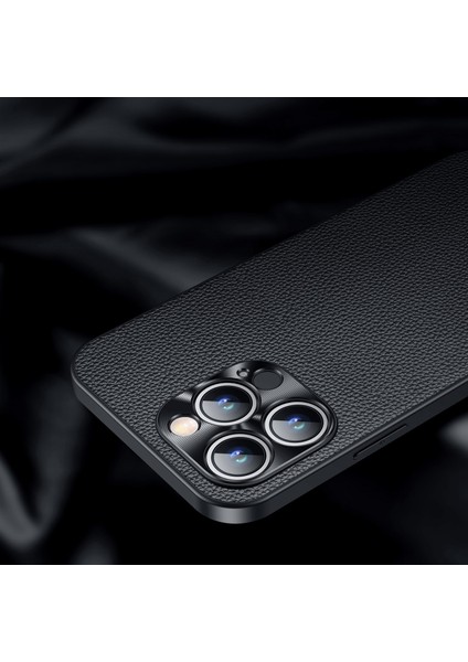 Iphone 14 Pro Fone Case Için Cowhide Deri+Tpu Fall Anti-Fall Koruyucu Kılıf Litchi Doku Şok Geçirmez Kapak Metal Kamera Çerçeve-Cenman (Yurt Dışından)