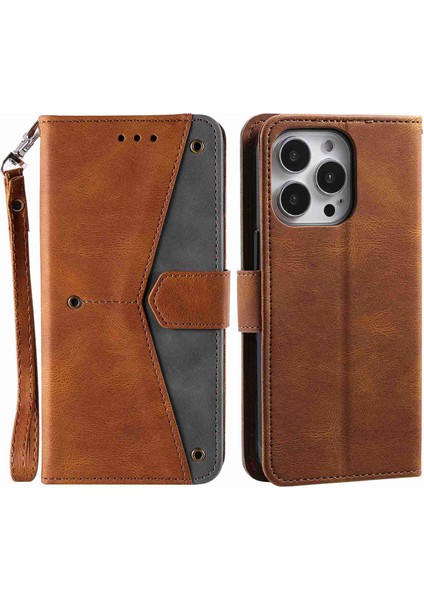 Iphone 14 Pro Telefon Kılıfı 6.1 Inç Ekleme Dikişli Deri Touch Pu Deri Deri Stand Folio Flip Anti-Drop Anti-Çizgiye Karşı Karşıtı Kapak Kahverengi (Yurt Dışından)