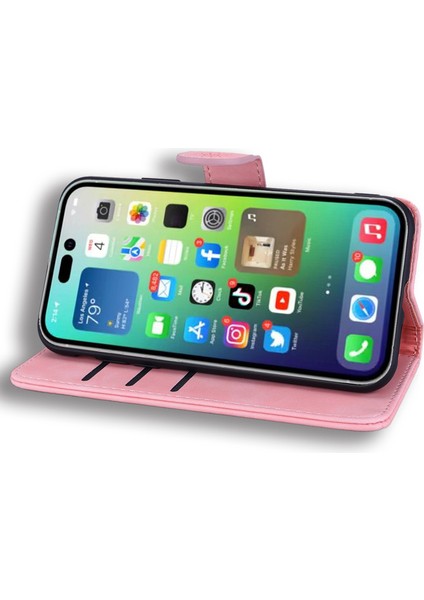 Iphone 14 Pro Telefon Kılıfı Için 6.1 Inç Çiçek Telefon Flip Kapak Cüzdan Tasarım Buzağı Doku Deri Kapak Stand-Pink ile (Yurt Dışından)