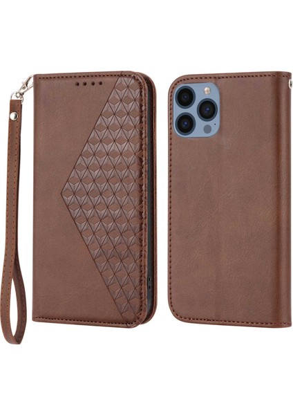 Iphone 14 Pro Flo Telefon Kasası Buzağı Doku Cüzdanı Baskılı Rhombus Desen Telefon Standı Pu Deri Kılıf Strap-Brown ile Manyetik Kapak (Yurt Dışından)