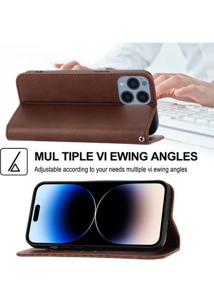 Iphone 14 Pro Flo Telefon Kasası Buzağı Doku Cüzdanı Baskılı Rhombus Desen Telefon Standı Pu Deri Kılıf Strap-Brown ile Manyetik Kapak (Yurt Dışından)