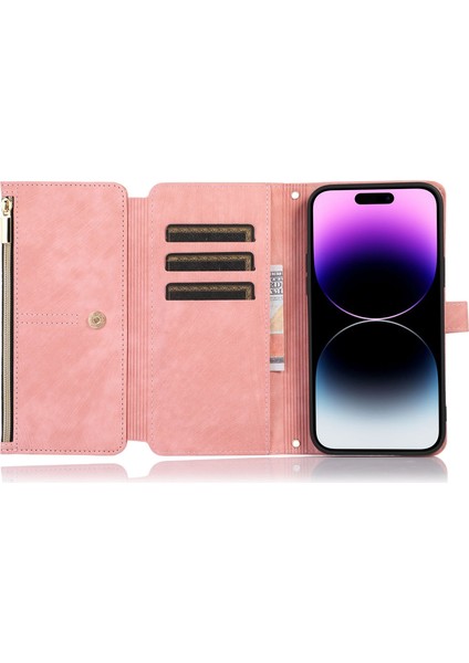 Iphone 14 Pro 14 Için Telefon Kılıfı Zipper Cep Folio Pu Deri Kılıf Manyetik Kapatma Çoklu Kart Yuvaları Stand Flip Cüzdan Kapak Pembe (Yurt Dışından)