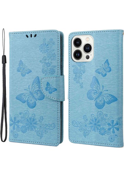 Iphone 14 Pro Telefon Kılıf Hücre Çantası 6.1 Inç Büyük Kelebekler Çiçek Deseni Desresit Stand Cüzdan Flip Manyetik Telefon Kapak Mavisi (Yurt Dışından)