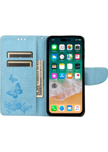 Iphone 14 Pro Telefon Kılıf Hücre Çantası 6.1 Inç Büyük Kelebekler Çiçek Deseni Desresit Stand Cüzdan Flip Manyetik Telefon Kapak Mavisi (Yurt Dışından)
