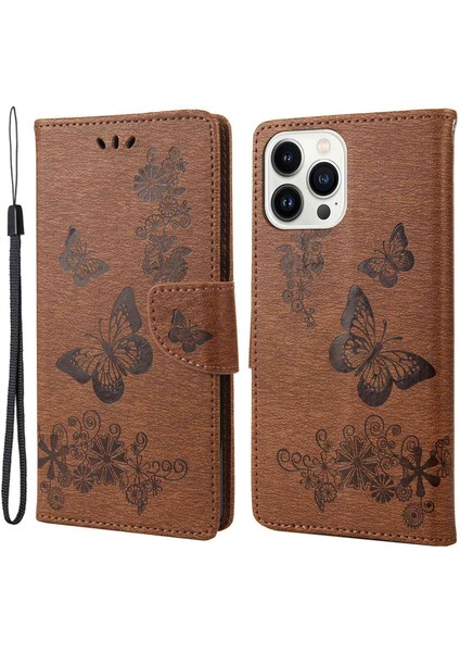 Iphone 14 Pro Phone Case Hücre Çantası 6.1 Inç Büyük Kelebekler Çiçek Deseni Desresit Stand Cüzdan Flip Manyetik Telefon Kapak-Kahverengi (Yurt Dışından)