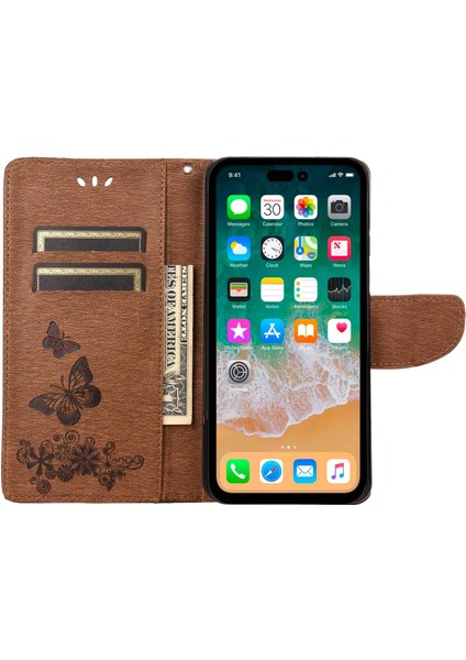 Iphone 14 Pro Phone Case Hücre Çantası 6.1 Inç Büyük Kelebekler Çiçek Deseni Desresit Stand Cüzdan Flip Manyetik Telefon Kapak-Kahverengi (Yurt Dışından)