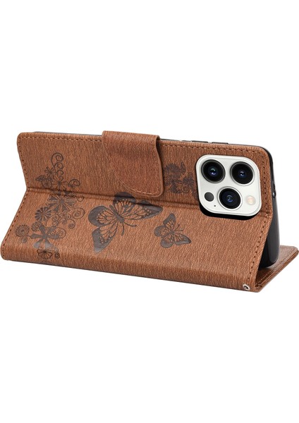 Iphone 14 Pro Phone Case Hücre Çantası 6.1 Inç Büyük Kelebekler Çiçek Deseni Desresit Stand Cüzdan Flip Manyetik Telefon Kapak-Kahverengi (Yurt Dışından)