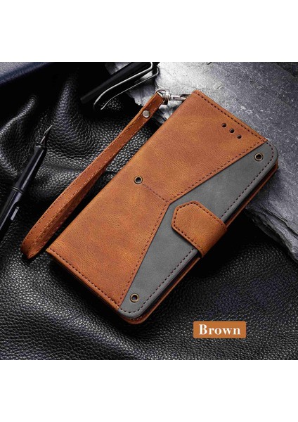Iphone 14 Pro Telefon Kılıfı 6.1 Inç Ekleme Dikişli Deri Touch Pu Deri Deri Stand Folio Flip Anti-Drop Anti-Çizgiye Karşı Karşıtı Kapak Kahverengi (Yurt Dışından)