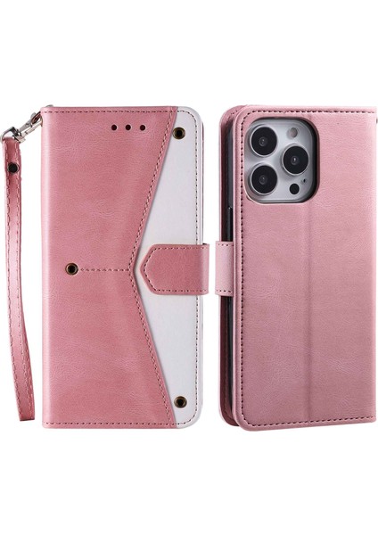 Iphone 14 Pro Telefon Kılıfı Için 6.1 Inç Ekleme Dikişli Deri Deri Deri Deri Stand Folio Flip Anti-Drop Anti-Çizelge Anti-Claps Cover-Pink (Yurt Dışından)