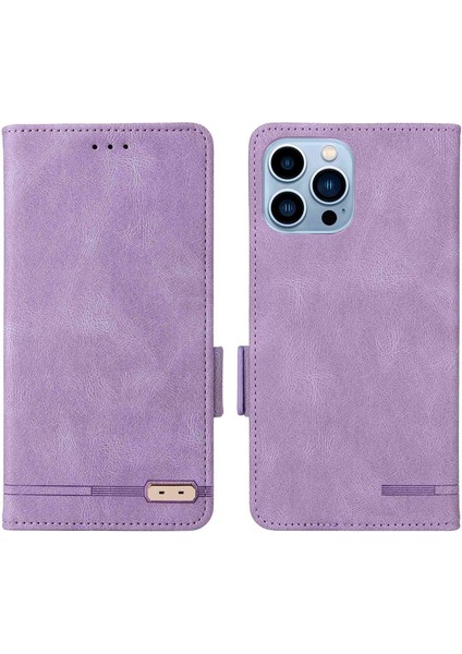 Iphone 14 Pro Telefon Kılıfı Için 6.1 Inç Pu Deri Şok Geçirmez Donanım Tasarım Standı Stand Anti-Çizik Folio Flip Kapak-Mor (Yurt Dışından)