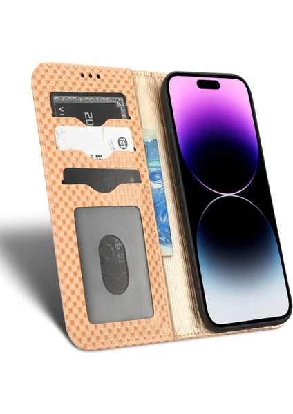 Iphone 14 Pro Fone Case Için Izgara Doku Pu Deri Stand Kılıfı Manyetik Otomatik Emzik Folio Flip Cep Telefon Cüzdan Kapak Bej (Yurt Dışından) modelleri