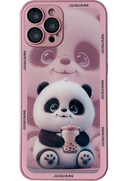 Iphone 14 Pro 14 Pro Telefon Kılıf Deseni Baskı Süt Tea Panda Temperli Cam+Tpu Lens Film-Pinki (Yurt Dışından)