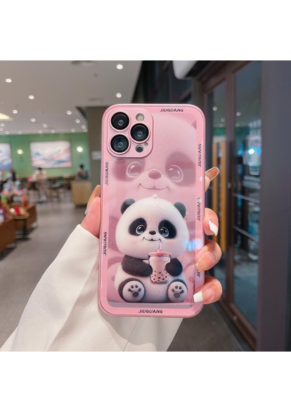 Iphone 14 Pro 14 Pro Telefon Kılıf Deseni Baskı Süt Tea Panda Temperli Cam+Tpu Lens Film-Pinki (Yurt Dışından)