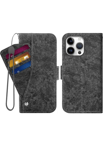 Iphone 14 Pro 14 Için Telefon Kılıfı Pu Deri Pu Deri Su Müdürü Bölge Doku Dönen Kart Yuvaları Tutucu Stand Cüzdan Kapak Black (Yurt Dışından)