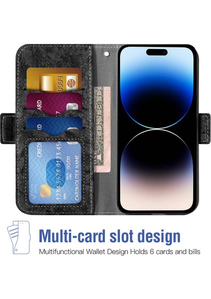 Iphone 14 Pro 14 Için Telefon Kılıfı Pu Deri Pu Deri Su Müdürü Bölge Doku Dönen Kart Yuvaları Tutucu Stand Cüzdan Kapak Black (Yurt Dışından)