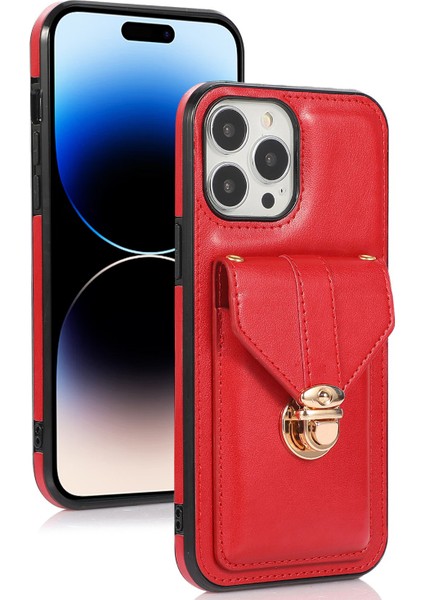 Iphone 14 Pro Telefon Vaka Cep Telefonu Kapağı 6.1 Inç Pu Deri+Tpu Nakit Para Kart Tutucu Kickstand Omuz Askılı Kırmızısı (Yurt Dışından)