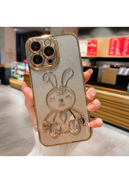 Iphone 14 Pro Fone Case Için Karikatür Tavşan Glitter Tpu Arka Kapak Elektrapılaşma Anti Drop Lens Film-Gold (Yurt Dışından)