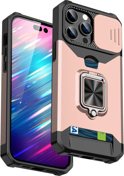 Iphone 14 Pro Telefon Kılıfı 6.1 Inç Kart Yuvası Tasarımı Sert Pc Yumuşak Tpu Hibrit Slayt Kamera Lens Kapak Tasarım Kickstand Sırt Kapak Gül Altın (Yurt Dışından)