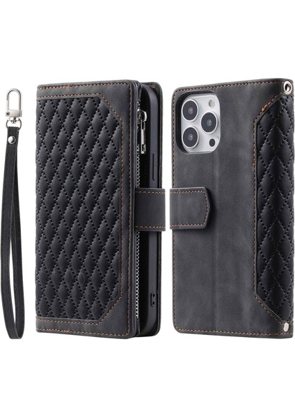 Iphone 14 Pro Fone Case Için Rhombus Doku 6.1 Inç Pu Deri Stand Cüzdan Fermuar Cep Kapağı Bilek Kayış-Siyah (Yurt Dışından)