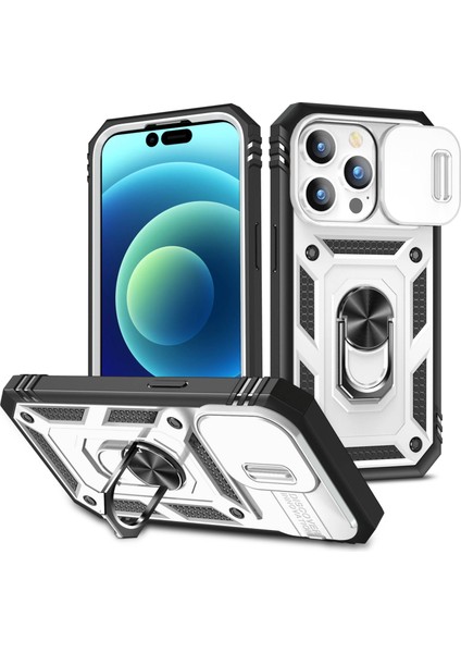 Iphone 14 Pro Telefon Kılıfı Için 6.1 Inç Aşınmaya Dayanıklı Pc+Tpu Sürgülü Kamera Lens Kickstand/kart Yuvası-Beyaz/siyah ile Şok Önleme Kılıfı (Yurt Dışından)
