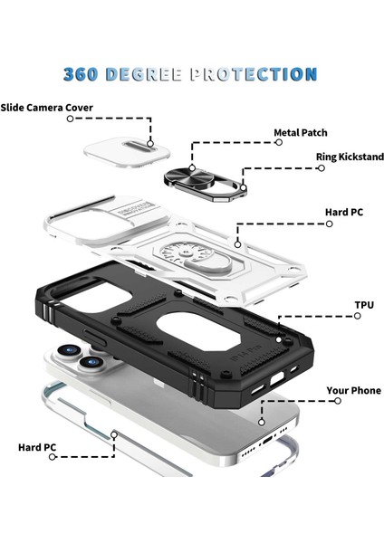 Iphone 14 Pro Telefon Kılıfı Için 6.1 Inç Aşınmaya Dayanıklı Pc+Tpu Sürgülü Kamera Lens Kickstand/kart Yuvası-Beyaz/siyah ile Şok Önleme Kılıfı (Yurt Dışından) modelleri