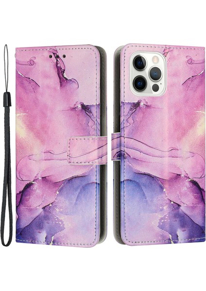 Iphone 14 Pro Telefon Kılıfı 6.1 Inç Mermer Desen Baskı Pu Deri Kılıf Manyetik Toka Cüzdan Stand Iç Tpu Telefon Kapağı Strap-Murple ile (Yurt Dışından)