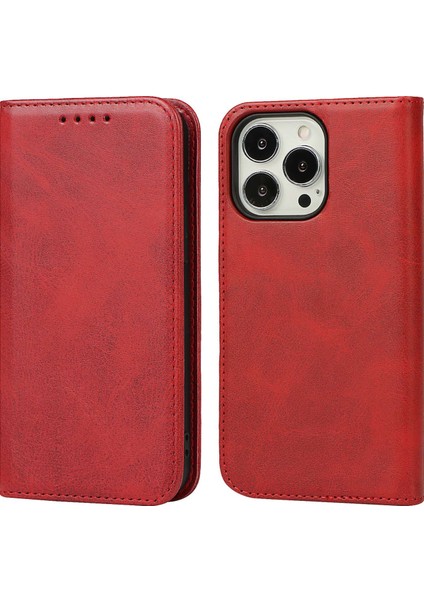 Iphone 14 Pro 14 Için Telefon Kılıfı Buzağı Doku Pu Deri Deri Cüzdan Kılıfı Manyetik Otomatik Ahmborbed Şok Geçirmez Flip Stand Kapak-Kırmızı (Yurt Dışından)