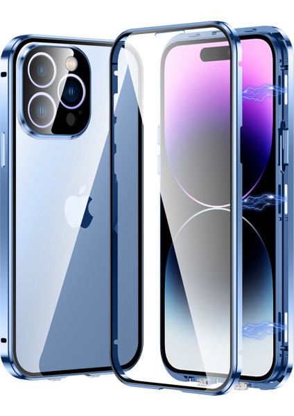 Iphone 14 Pro Telefon Kılıfı Şok Geçirmez Kılıf Tam Koruma Telefon Kapağı Metal+Kendinden Kilitlenen Toka-Mavi ile Temperli Cam Manyetik Kasa (Yurt Dışından)