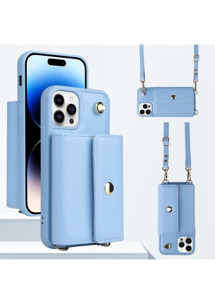Iphone 14 Pro 14 Pro Telefon Kılıfı Manyetik Düğme Kart Torbası Telefon Kapağı Pu Deri+Tpu Kılıf Crossbody Strap-Light Mavi (Yurt Dışından)