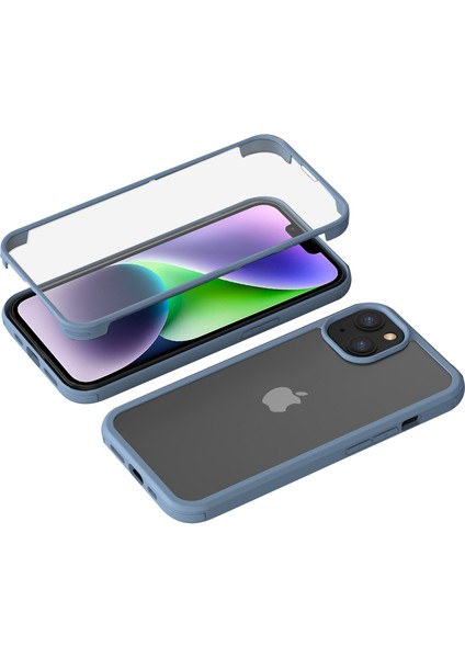 Iphone 14 Çift Taraflı Temperli Cam+Tpu Telefon Kılıfı Tam Koruma Anti-Drop Kapak Mavisi (Yurt Dışından)