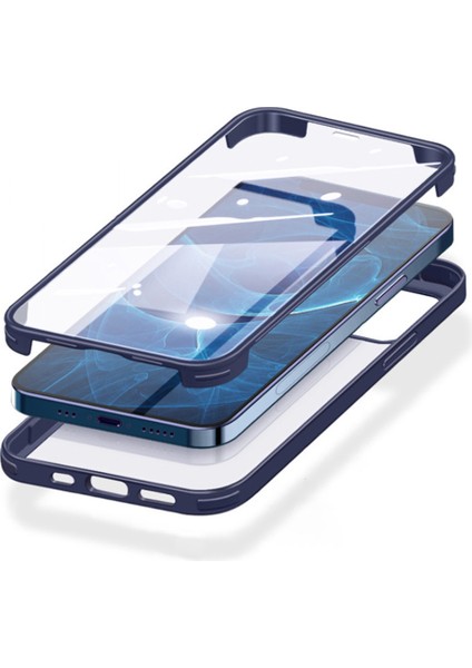 Iphone 14 Çift Taraflı Temperli Cam+Tpu Telefon Kılıfı Tam Koruma Anti-Drop Kapak Mavisi (Yurt Dışından)