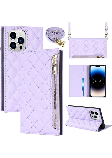 Iphone 14 Pro Telefon Vaka Cep Telefonu Kapağı Pu Deri Fermuarı Cep Cüzdanı Stand Koruyucu Rhombus Omuz Askılı-Mor ile Basılmış (Yurt Dışından)