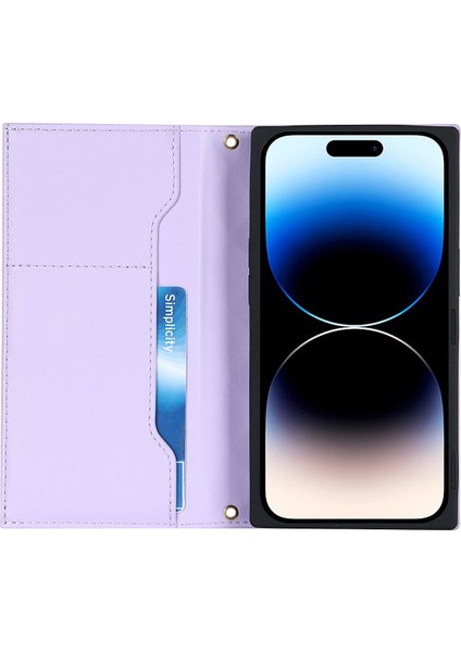 Iphone 14 Pro Telefon Vaka Cep Telefonu Kapağı Pu Deri Fermuarı Cep Cüzdanı Stand Koruyucu Rhombus Omuz Askılı-Mor ile Basılmış (Yurt Dışından)