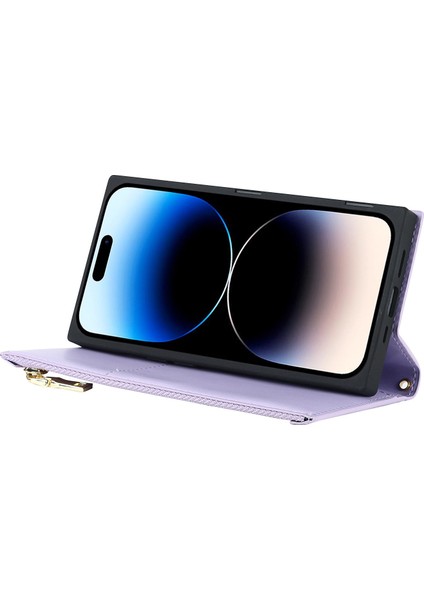 Iphone 14 Pro Telefon Vaka Cep Telefonu Kapağı Pu Deri Fermuarı Cep Cüzdanı Stand Koruyucu Rhombus Omuz Askılı-Mor ile Basılmış (Yurt Dışından)