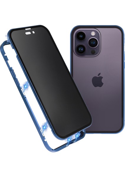 Iphone 14 Pro Fone Case Için Damla Dayanıklı Anti-Peep Metal Çerçevesi+Çift Taraflı Temperli Cam Hibrit Kapak Manyetik Kapatma-Dark Mavi (Yurt Dışından)