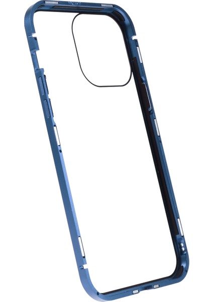 Iphone 14 Pro Fone Case Için Damla Dayanıklı Anti-Peep Metal Çerçevesi+Çift Taraflı Temperli Cam Hibrit Kapak Manyetik Kapatma-Dark Mavi (Yurt Dışından)