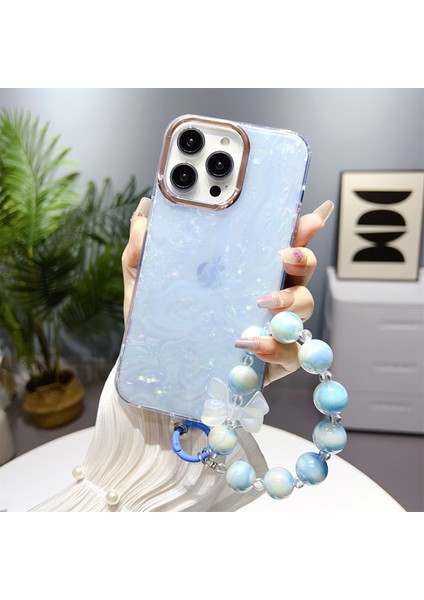 Iphone 14 Pro Shell Desen Imd Case Tpu+Pc Telefon Kapağı Inci El Zinciri Işık Mavi (Yurt Dışından)