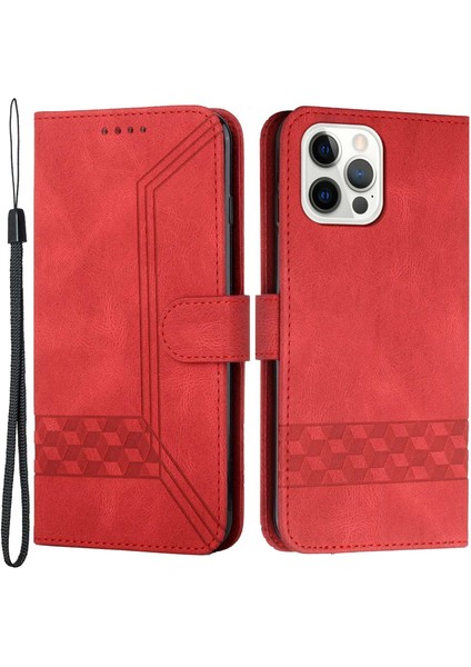 Iphone 14 Pro Telefon Kasası 6.1 Inç Tam Koruma Standı Cüzdan Pu Deri Kapak Eşkenar Dörtgen Hatları Basılmış Cilt Dokunuşu Telefon Kılıfı (Yurt Dışından)