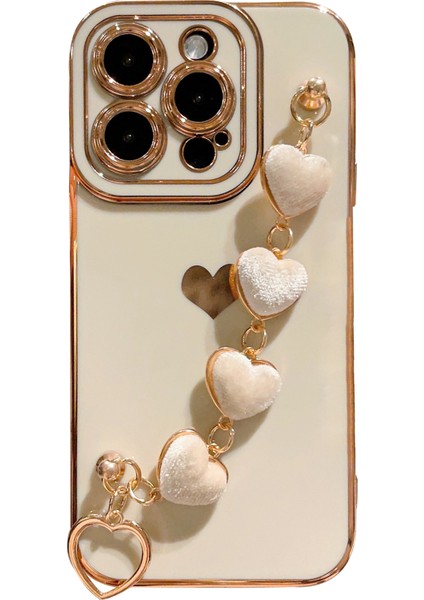 Iphone 14 Pro Phone Kılıfı Için Elektrokaplatma Tpu Telefon Kapağı Peluş Aşk Kal-Kals Strap-White (Yurt Dışından)