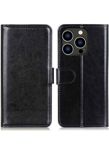 Iphone 14 Pro Fone Case 6.1 Inç Çılgın At Doku Şok Geçirmez Stand Kapağı Kart Yuvaları Pu Deri Cüzdan Manyetik Koruyucu Kabuk Black (Yurt Dışından)