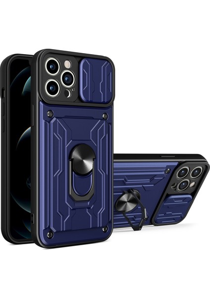 Iphone 14 Pro Fone Case Için 6.1 Inç Slayt Lens Kapak Kickstand Pc+Tpu Kabuk Kart Tutucu Şok Geçirmez Telefon Kılıf Sapfire (Yurt Dışından)