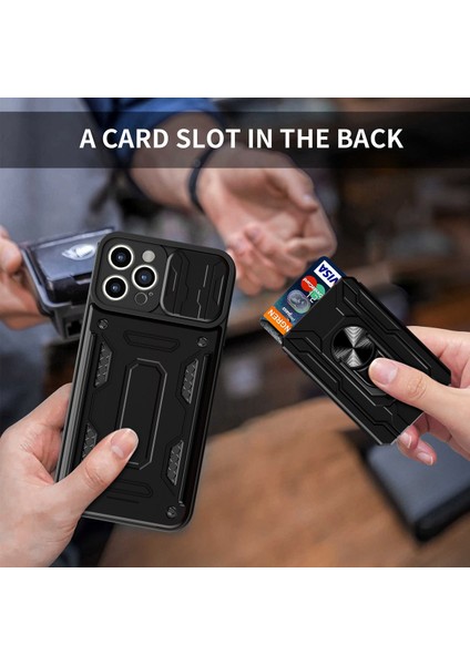 Iphone 14 Pro Fone Case Için 6.1 Inç Slayt Lens Kapak Kickstand Pc+Tpu Kabuk Kart Tutucu Şok Geçirmez Telefon Kılıf Sapfire (Yurt Dışından)